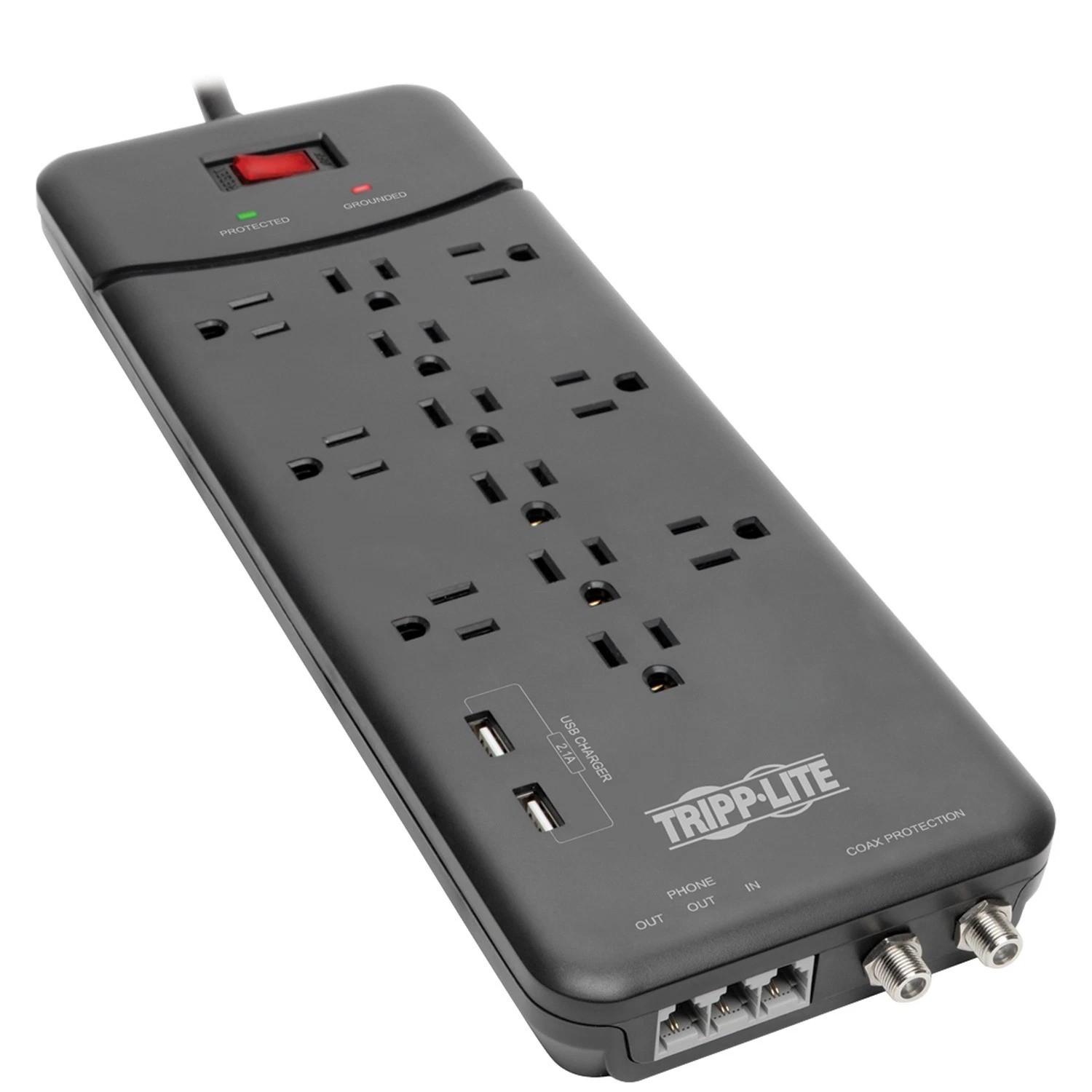 Tripp Lite TLP128TTUSBB 12-Outlet 2-USB Port Telco Coax Surge Protector Power Strip
